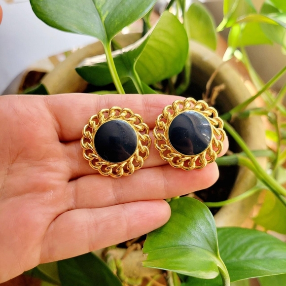 Vintage Monet Oversized Black Enamel Gold Stud Earrings - Picture 2 of 8